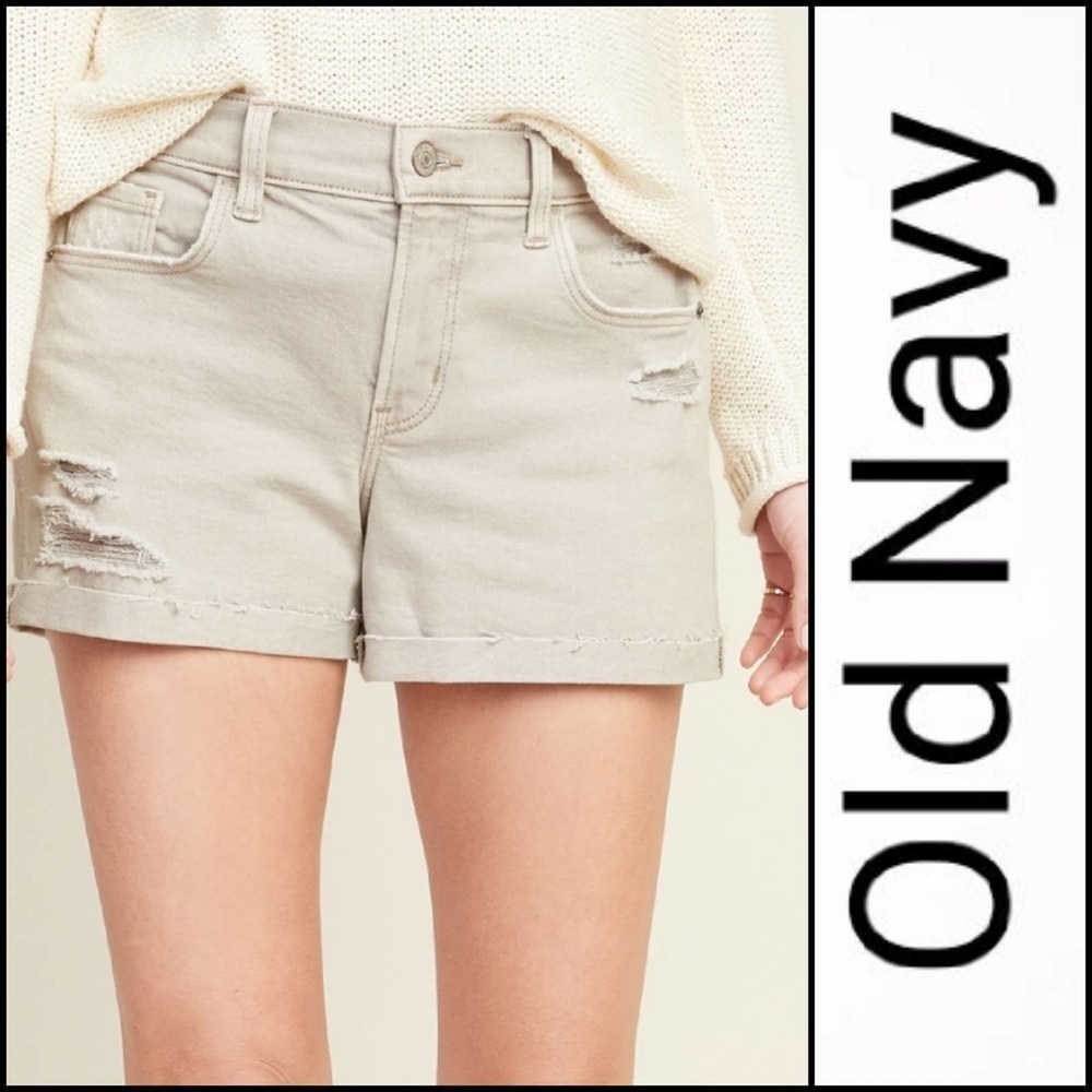 NEW! OLD NAVY Tan Cuffed Distressed Denim Boyfriend Mid-Rise 3" Jean Shorts 2.